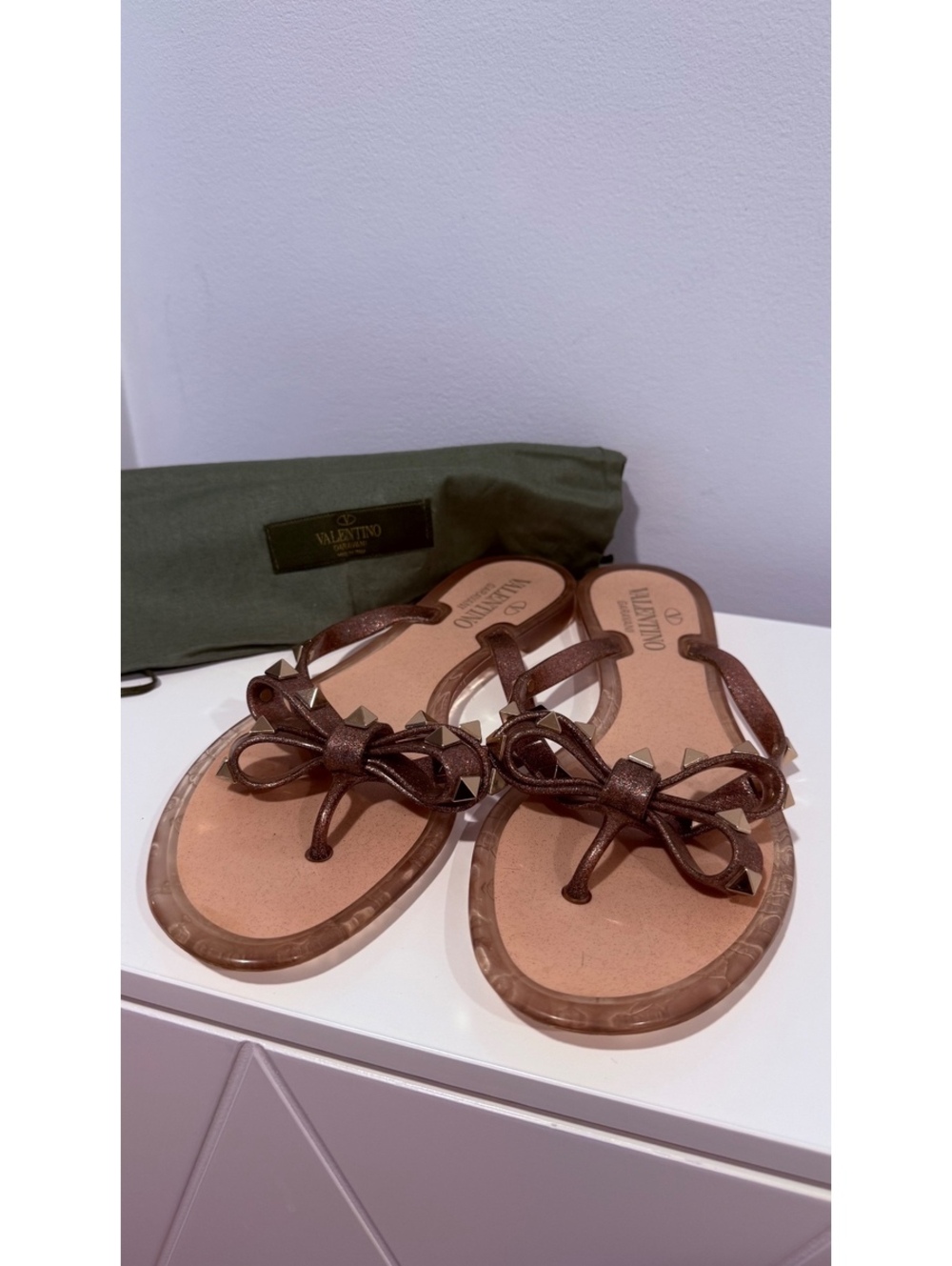 Valentino Shimmery Taupe Bow Detail Thong Sandals